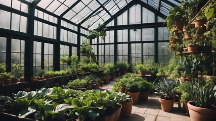 A lush green house surrounded by colorful flowers and plants botanical garden