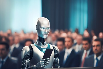 AI intelligent robots speaking at international and political press conferences