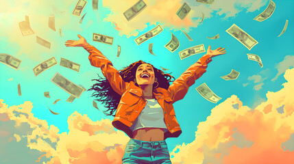 Laughing Prosperity: Woman Celebrating Financial Success with Money Shower, Dreams Materialized: Woman Reveling in Wealth, Laughter, and Abundance