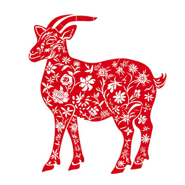 Silhouette in the shape of red animal designations Goat, woodcut prints, cultural symbolism, China New Year celebration isolated PNG