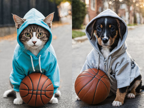 A cat and a dog wearing hoodies for street basketball