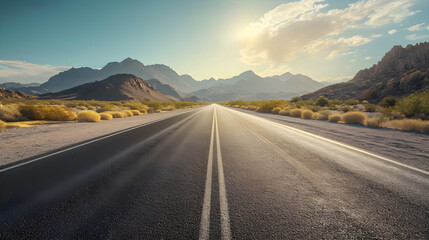 Fototapeta premium Endless Travel Adventure, Symmetrical Desert Road Leading to Future, Desert Expedition, Empty asphalt road, unknown trip in desert