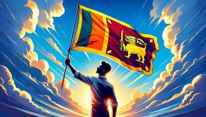 Illustration of a man holding sri lanka flag for independence day.