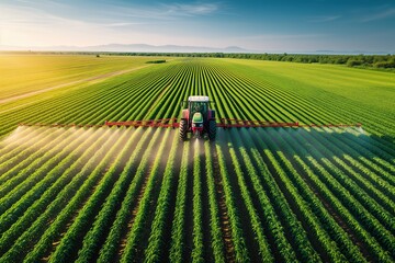 Tractor Spraying Pesticides on Soybean Field