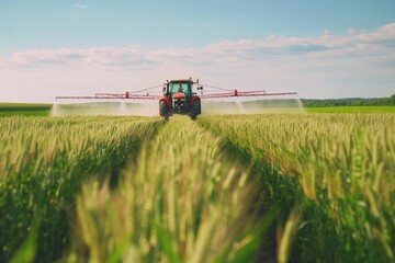 Fototapeta premium Tractor Spraying Pesticides on Soybean Field