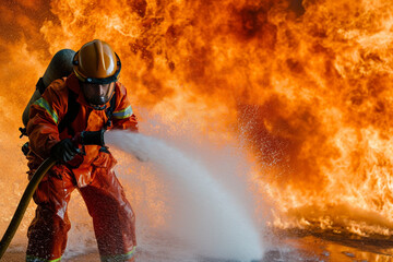Obraz premium Firefighter extinguishing a fire in a burning house or office.