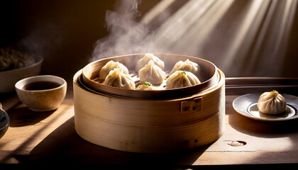 Piping hot delicious bamboo steamer of soup dumplings, chinese xiao long bao, dim sum, close up. - obrazy, fototapety, plakaty