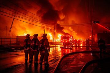 Firefighters extinguish a fire in a burning building at night.