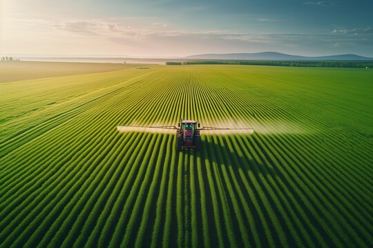 Tractor Spraying Pesticides on Soybean Field