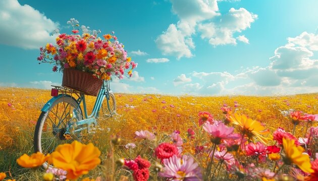 A lively image capturing a bicycle with a vibrant flower basket, moving through a colorful field, expressing the joy of a sunny day in splendid