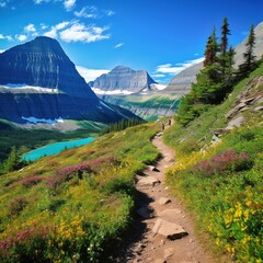 Fototapeta na wymiar The Grinnell Glacier trail is more than 10 miles long., landscape with lake and mountains