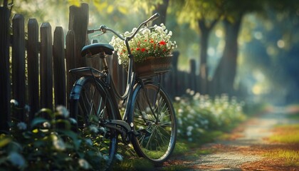 A nostalgic portrayal of a bicycle with a flower basket, standing by a wooden fence, evoking feelings of simplicity and charm in pristine