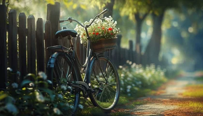 Rolgordijnen A nostalgic portrayal of a bicycle with a flower basket, standing by a wooden fence, evoking feelings of simplicity and charm in pristine © Teddy Bear