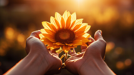 Beautiful sunflower in hands with blur and light background