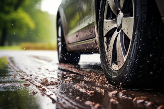 A car tire navigating rainy conditions
