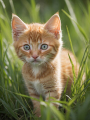 Naklejka na ściany i meble cute cat in grass, kitten in grass