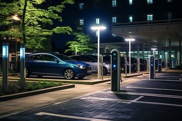 A night view of an electric car parking lot with illuminated charging stations