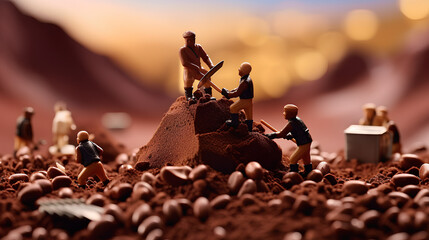 Miniature men in the mountains made of chocolate. - obrazy, fototapety, plakaty