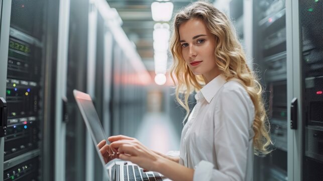 A woman working at a data center in laptop with copy space, Generative AI.