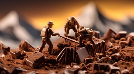 Miniature men in the mountains made of chocolate.