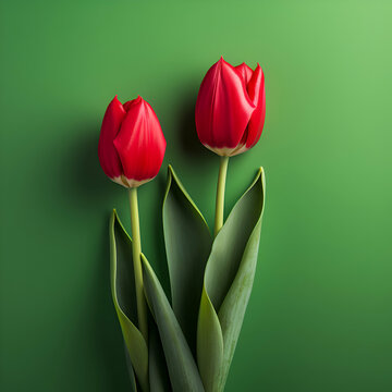 Red tulips on a green background. 3d rendering. 3d illustration.