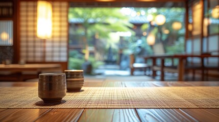 Inside view of Japanese restaurant well decorated and traditional vibe, Generative AI. - obrazy, fototapety, plakaty