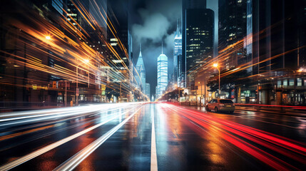 long exposure shot of a busy city street at night  - obrazy, fototapety, plakaty