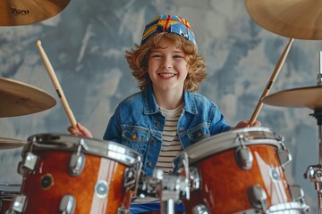 A happy little boy practicing drum with copy space, Generative AI.