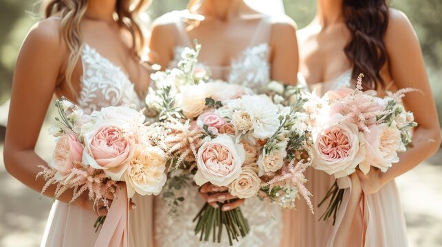 A stunning bride and her bridesmaids pose up close in the organic surroundings of their wedding day, Generative AI.