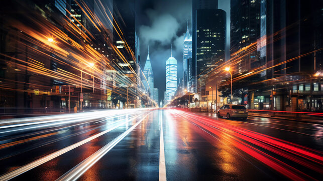 Fototapeta long exposure shot of a busy city street at night 