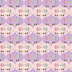 Damask style seamless pattern, birds day and night, moon phases, stars. Magic print for tee, paper, textile and fabric. Doodle illustration.