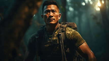 Determined soldier with a backpack navigating through a dense jungle - obrazy, fototapety, plakaty