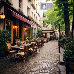 Fototapeta na wymiar Street cafe in the city. The streets of Paris are as charming as can be. Cobblestone streets, tucked away plazas and family-owned cafes and restaurants are the norm here. 