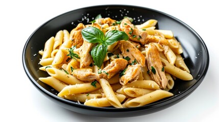 Penne pasta chicken dish on a black plate isolated on white background, Italian food