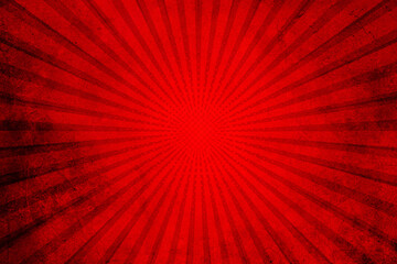 Red grunge background with sunburst. Red rays background