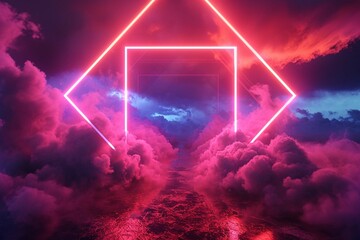 3d rendering, abstract futuristic background with neon geometric shape and stormy cloud on night sky. Rhombus frame with copy space