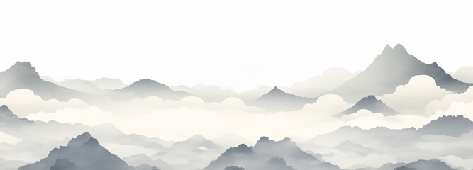 山々の景色　水墨画　イラスト「AI生成画像」