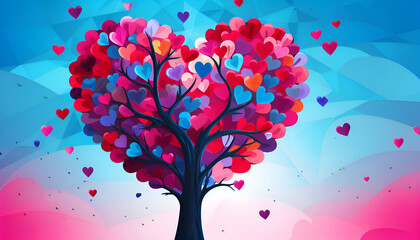 Valentines day background with heart tree and colorful hearts.  illustration.