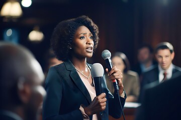 African female politician speaking during a political debate - Powered by Adobe