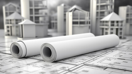 mock up of architectural construction drawing paper with white building model 3d rendering