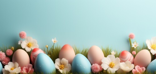 easter eggs in the grass with light color background, copy space text