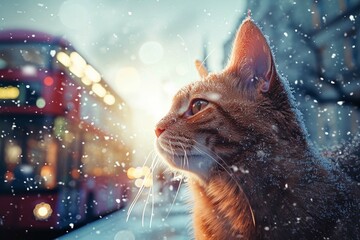 Animal portrait. Cute cat in the London Christmas with snow, cinematic light. 3D illustration and 3D Render - obrazy, fototapety, plakaty