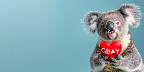 Cute Koala celebrating Australia day. Space for greeting text.  - obrazy, fototapety, plakaty