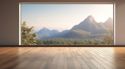 modern empty room with wooden floor and large window