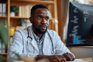 African doctor doing healthcare in online through video call with a big copy space, Generative AI.