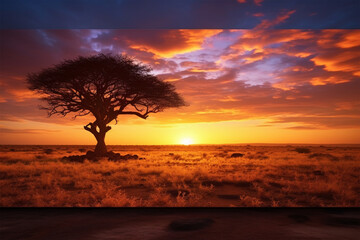 beautiful view of African savanna at sunset