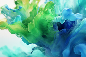 Graphic resources mix of green and blue goo, smoke, mist, cloud or dye, paint floating in water or levitating in air. Abstract, minimalist and surreal background with copy space