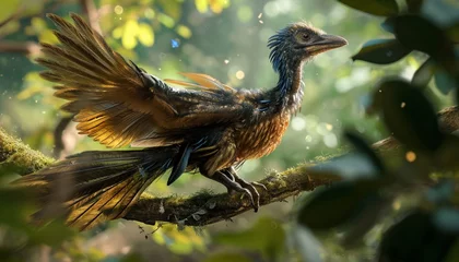 Photo sur Plexiglas Dinosaures Archaeopteryx perched on a tree branch, providing a glimpse into the early stages of avian evolution