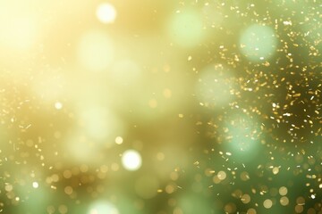 Abstract background with light green yellow and gold particle. Spring Golden light shine particles bokeh on pastel green yellow background. Gold foil texture. Sun rays Spring fresh copy space
