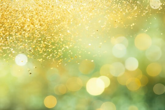 Abstract background with light green yellow and gold particle. Spring Golden light shine particles bokeh on pastel green yellow background. Gold foil texture. Sun rays Spring fresh copy space